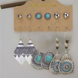 12 Pairs Bohemian Ethnic Silver Teardrop Drop Dangle Earrings